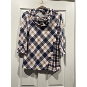 Robert Louis Plaid Cowl Neck Top Navy Tan Asymmetrical Button Accent Size S